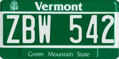 VT license plate ZBW542