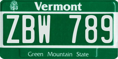 VT license plate ZBW789