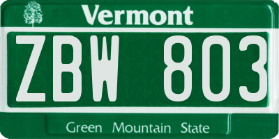 VT license plate ZBW803
