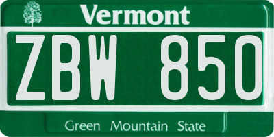 VT license plate ZBW850