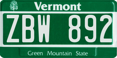 VT license plate ZBW892