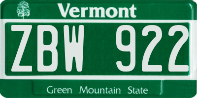 VT license plate ZBW922