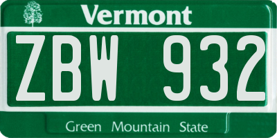 VT license plate ZBW932