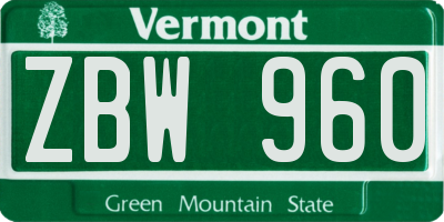 VT license plate ZBW960