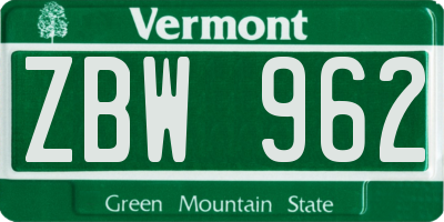 VT license plate ZBW962