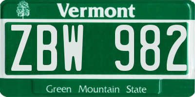 VT license plate ZBW982