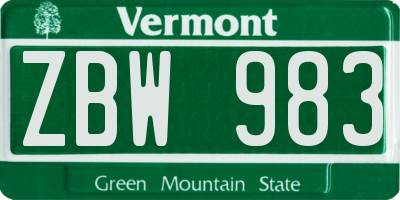 VT license plate ZBW983