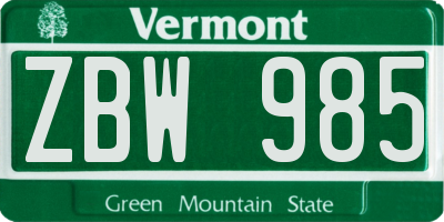 VT license plate ZBW985