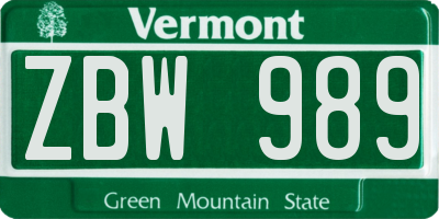 VT license plate ZBW989