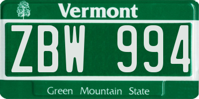 VT license plate ZBW994