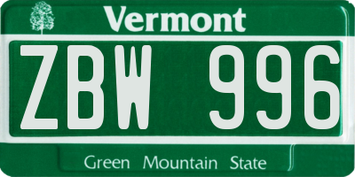 VT license plate ZBW996