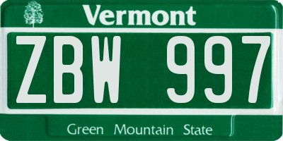 VT license plate ZBW997