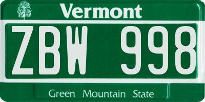 VT license plate ZBW998