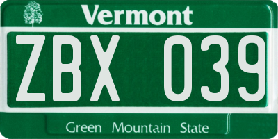 VT license plate ZBX039