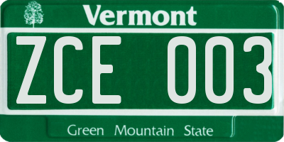 VT license plate ZCE003