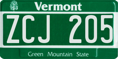 VT license plate ZCJ205