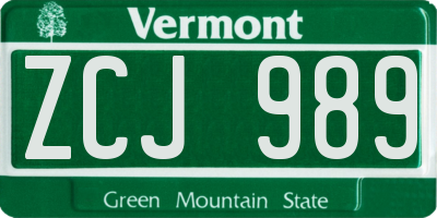 VT license plate ZCJ989