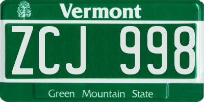 VT license plate ZCJ998