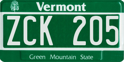 VT license plate ZCK205