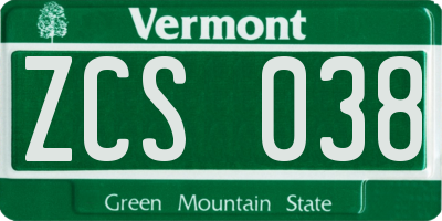 VT license plate ZCS038