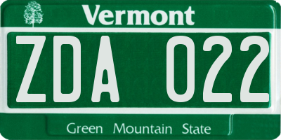 VT license plate ZDA022