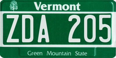 VT license plate ZDA205