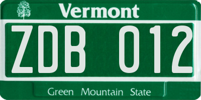 VT license plate ZDB012