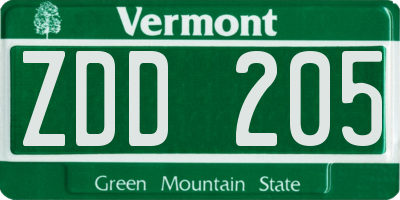 VT license plate ZDD205