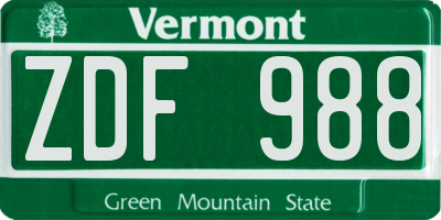 VT license plate ZDF988