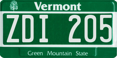 VT license plate ZDI205