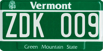 VT license plate ZDK009