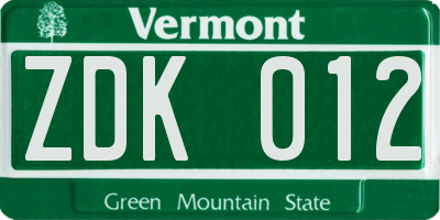 VT license plate ZDK012