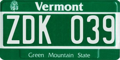 VT license plate ZDK039