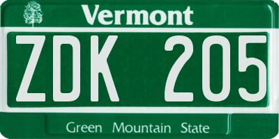 VT license plate ZDK205