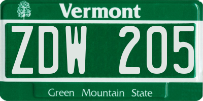 VT license plate ZDW205