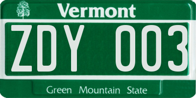 VT license plate ZDY003
