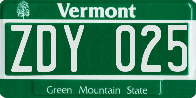 VT license plate ZDY025
