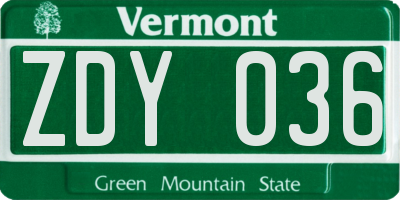 VT license plate ZDY036