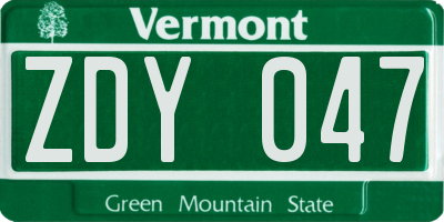 VT license plate ZDY047