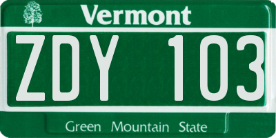 VT license plate ZDY103