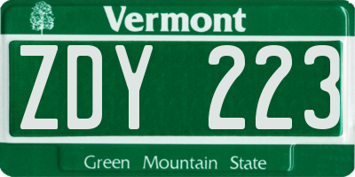 VT license plate ZDY223