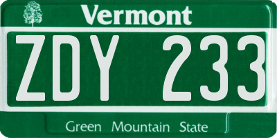 VT license plate ZDY233