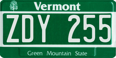 VT license plate ZDY255