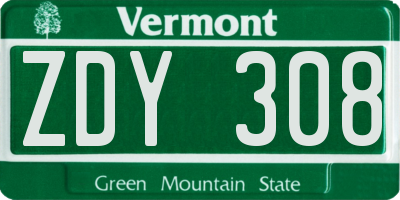 VT license plate ZDY308