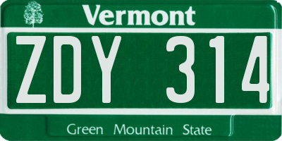 VT license plate ZDY314