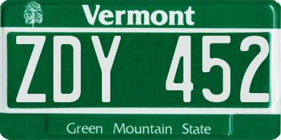 VT license plate ZDY452