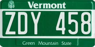 VT license plate ZDY458