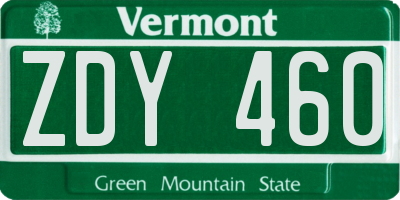 VT license plate ZDY460