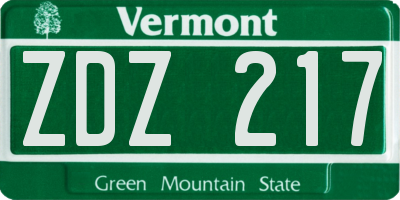 VT license plate ZDZ217