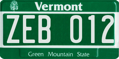 VT license plate ZEB012